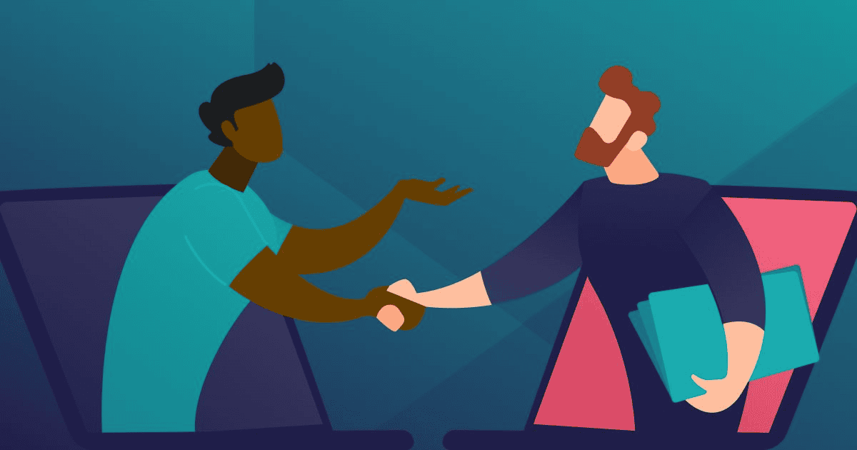 Illustration of two men shaking hands to celebrate their partnership.