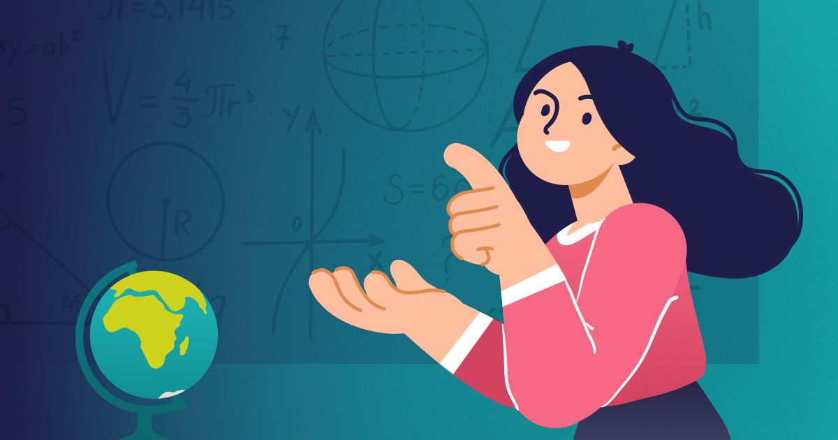 Illustration of a young woman standing in front of a board filled with mathematical data and next to a globe. 