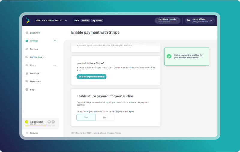 Screenshot of the Stripe payment activation settings page